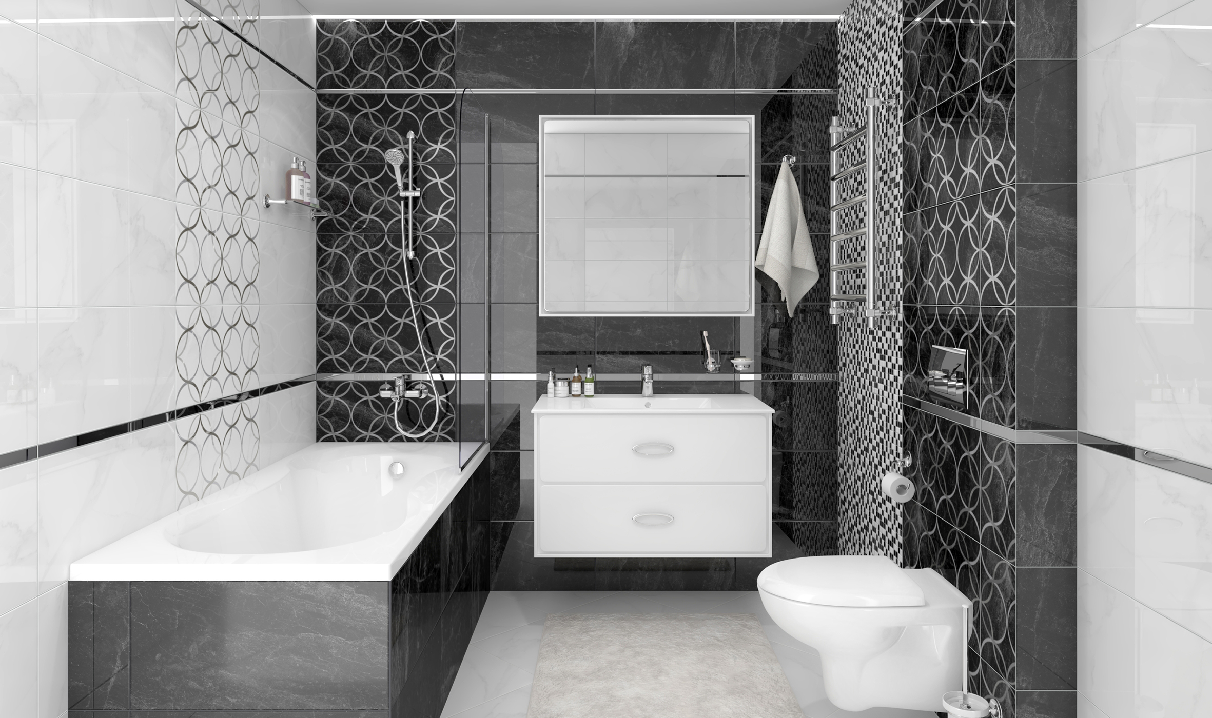 Мозаика Laparet Crystal чёрный+белый 30x30 глянцевый